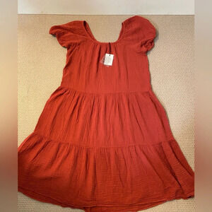 NWT Felicite medium smocked gauze tiered midi dress in cayenne (red) 100% cotton